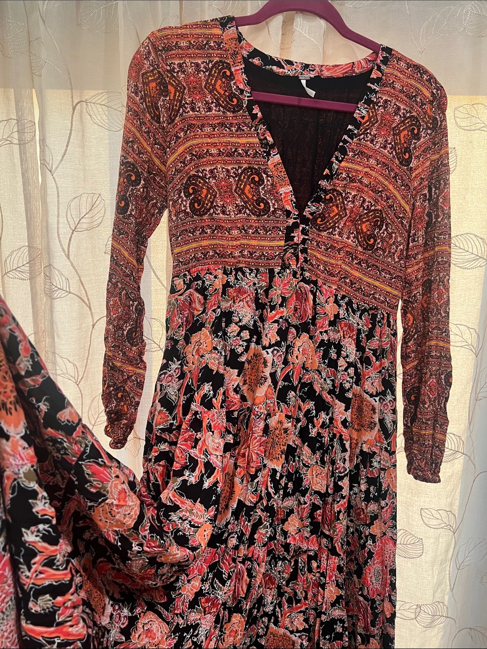 Free People Bohemian Long-Sleeve Floral Maxi Dress in Rust and Black size M